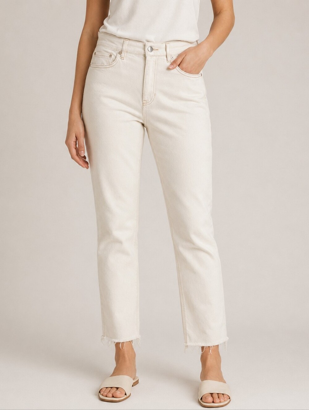 Free People We The Free Tea High Rise Skinny Jeans Cream Ivory Raw Hem 31